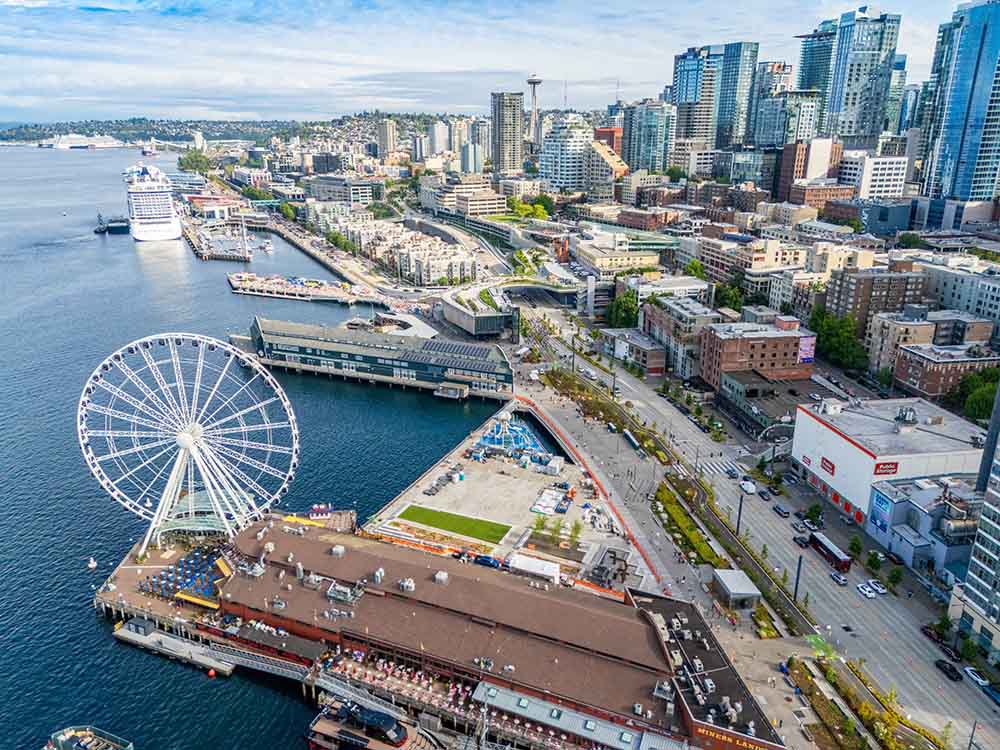 The Seattle waterfront park grand opening space seen from above