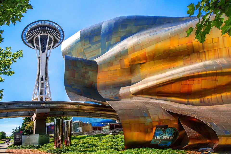 World Cup Seattle 2026. The Museum of Pop Culture building with the Space Needle visible in the background against a clear sky.