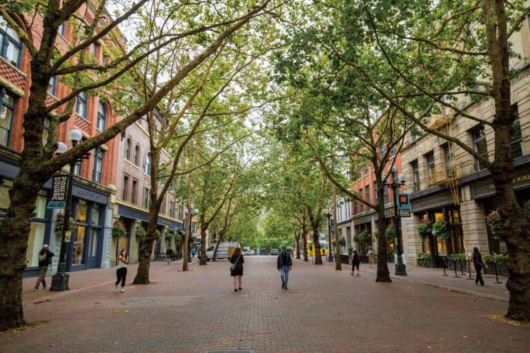 Seattle 2026 World Cup. A view down a historic brick-paved street in Pioneer Square, Seattle's oldest neighborhood.