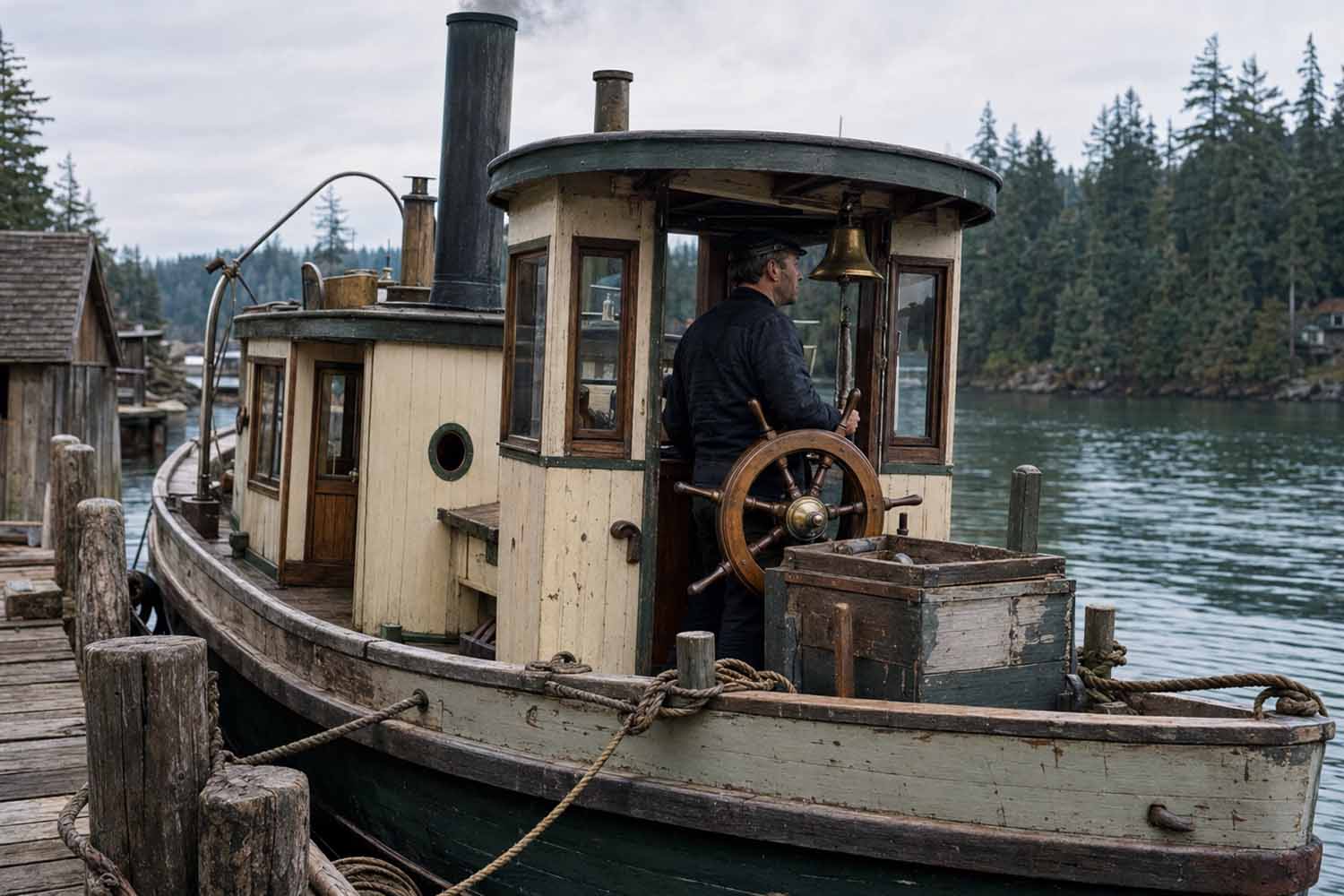 Historic sailing in Seattle. Close-up of a Mosquito Fleet steamboat and its captain waiting at the dock.