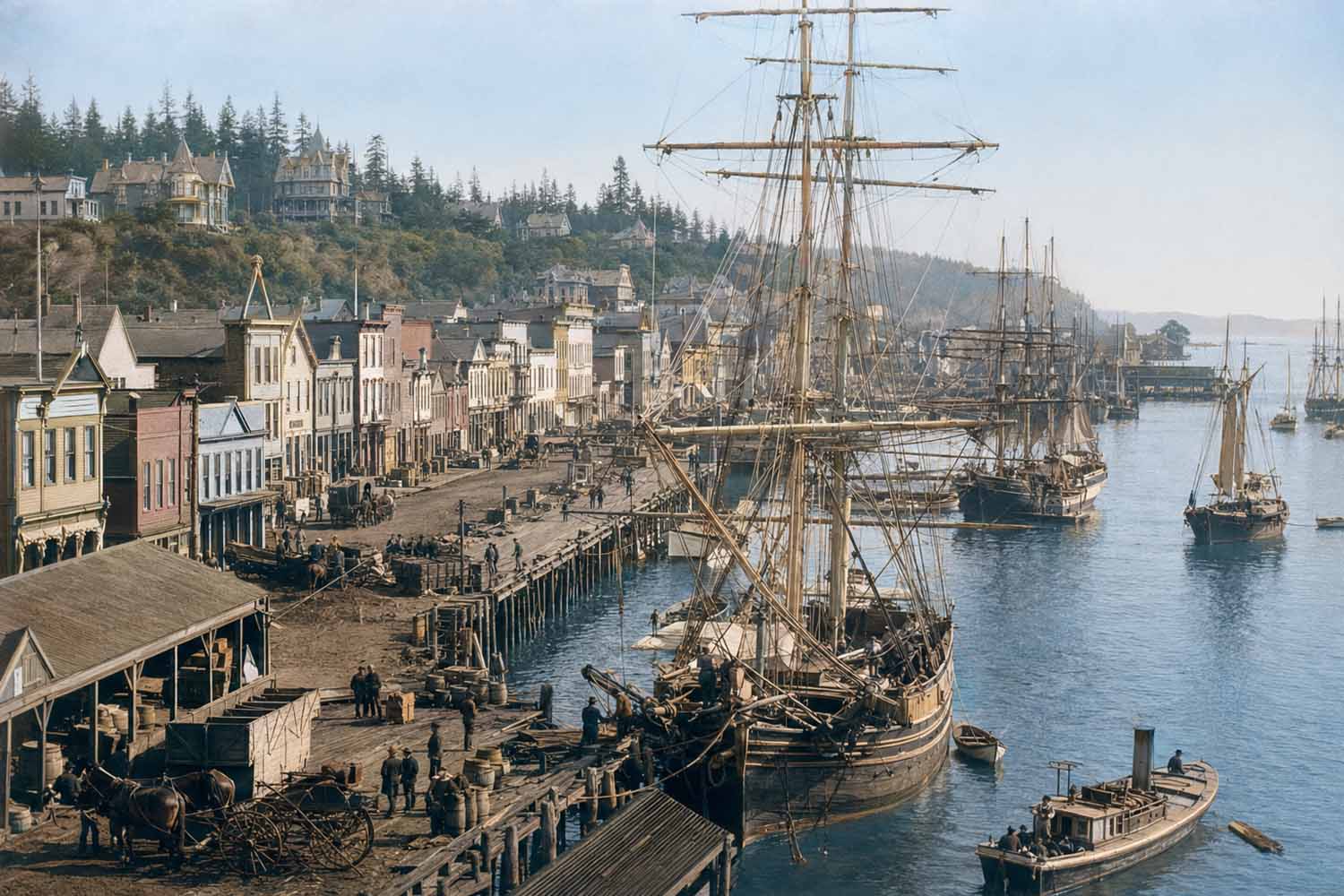 Puget Sound sailing history. Late-1800s Port Townsend waterfront crowded with sailing ships, timber docks, workers and Victorian buildings.
