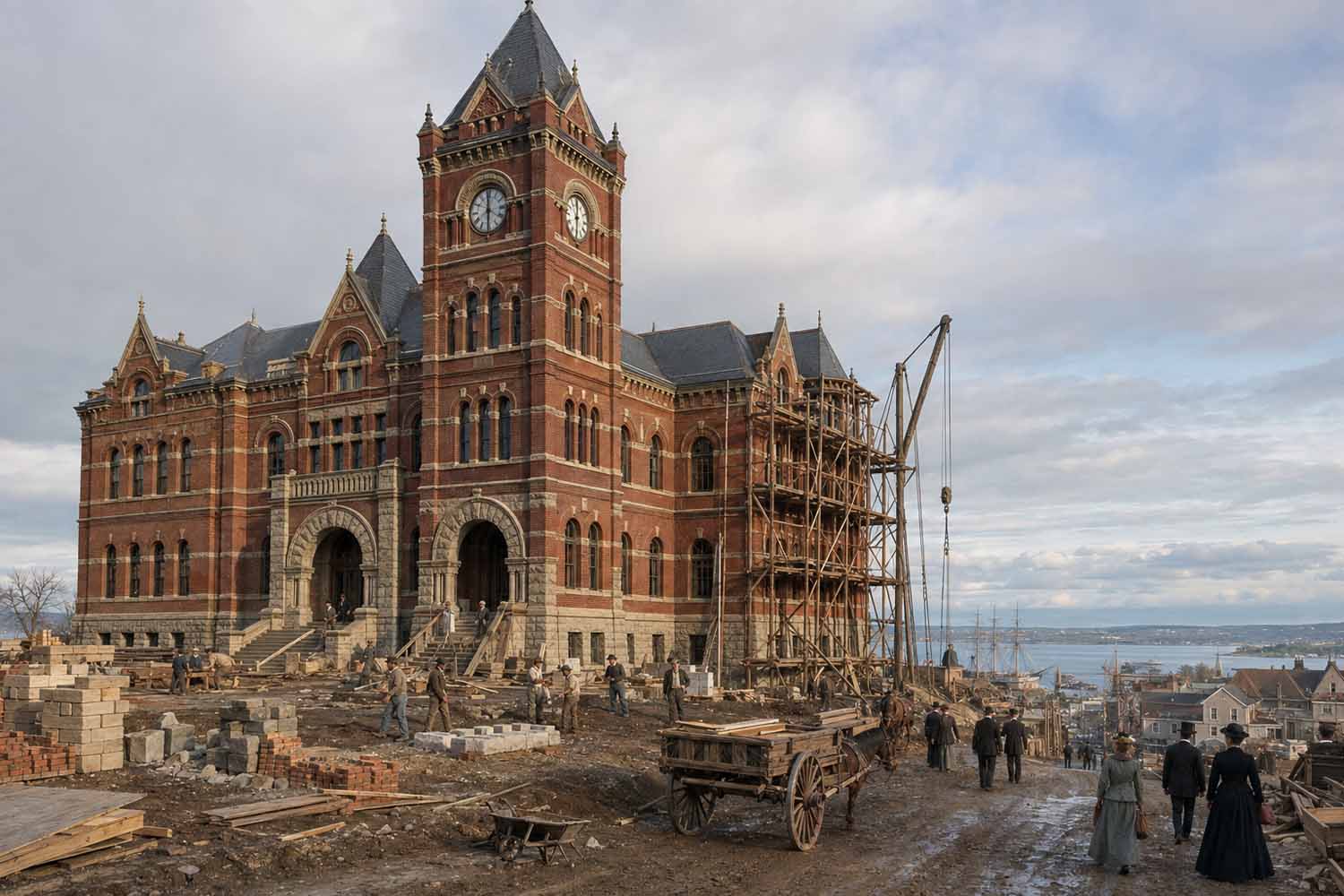 Port Townsend maritime history. Grand red-brick Victorian courthouse under construction above Port Townsend, with scaffolding and the harbor below.