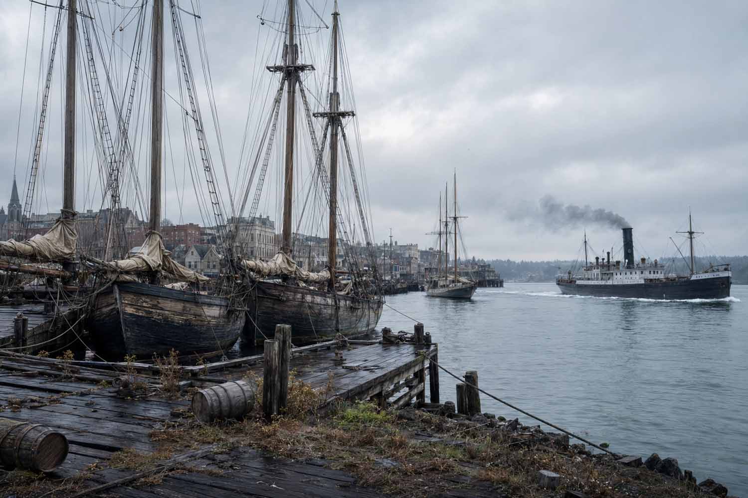 Historic Puget Sound seafaring. Idle sailing ships sit beside a weathered Port Townsend dock while a steamship passes through the harbor.