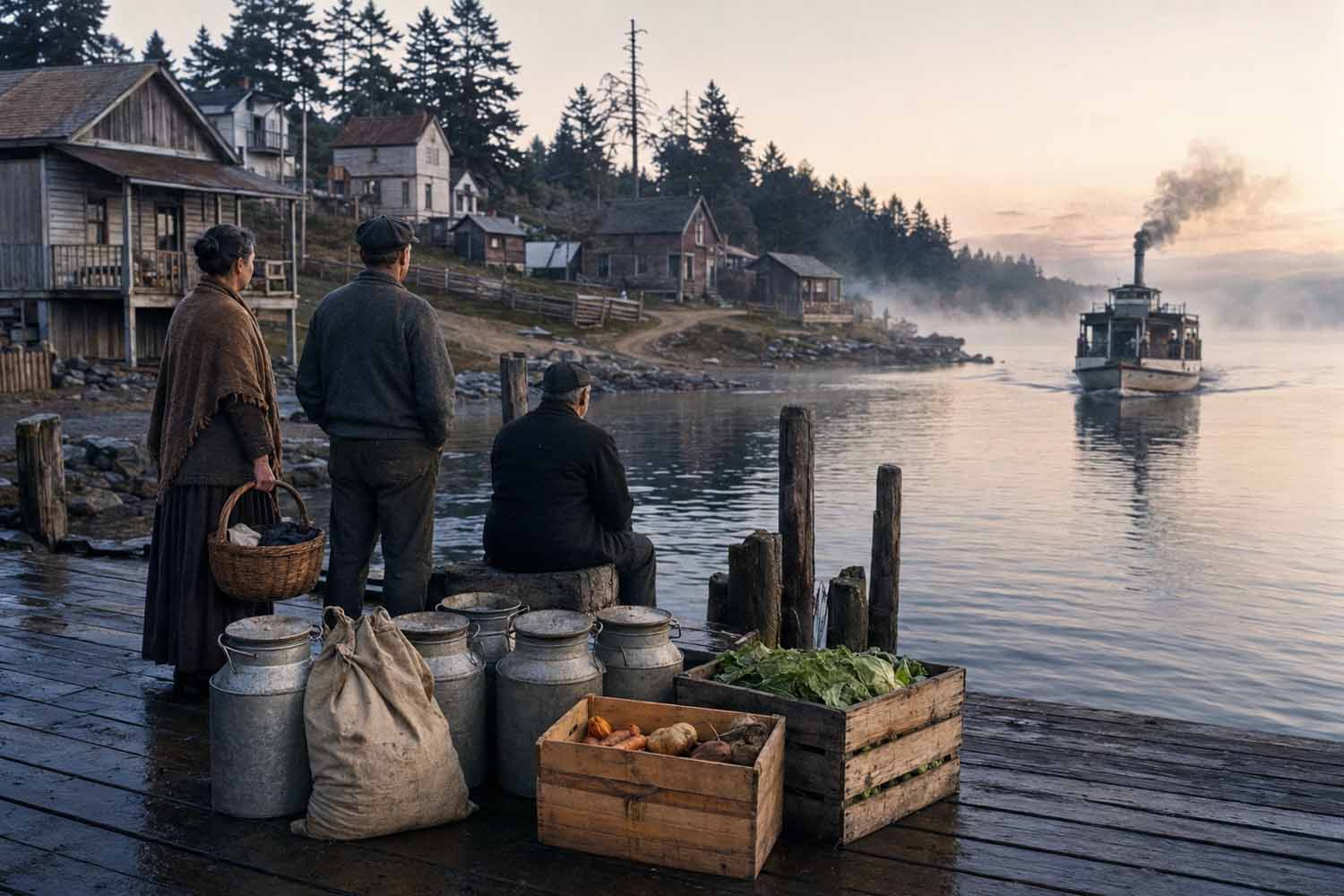 Seattle maritime heritage. Historic dock and waterfront scene where residents once gathered to meet the daily steamer.
