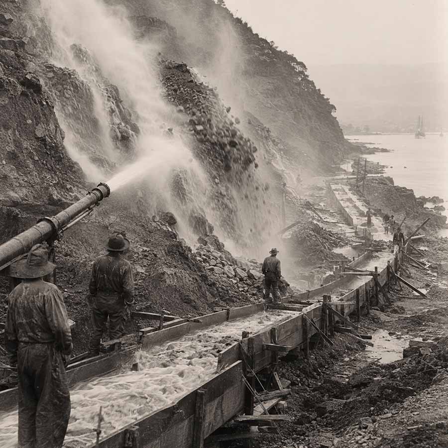 Denny Hill regrade history. Hydraulic water cannons, or giants, blasting away the hillside and funneling the slurry toward Elliott Bay.