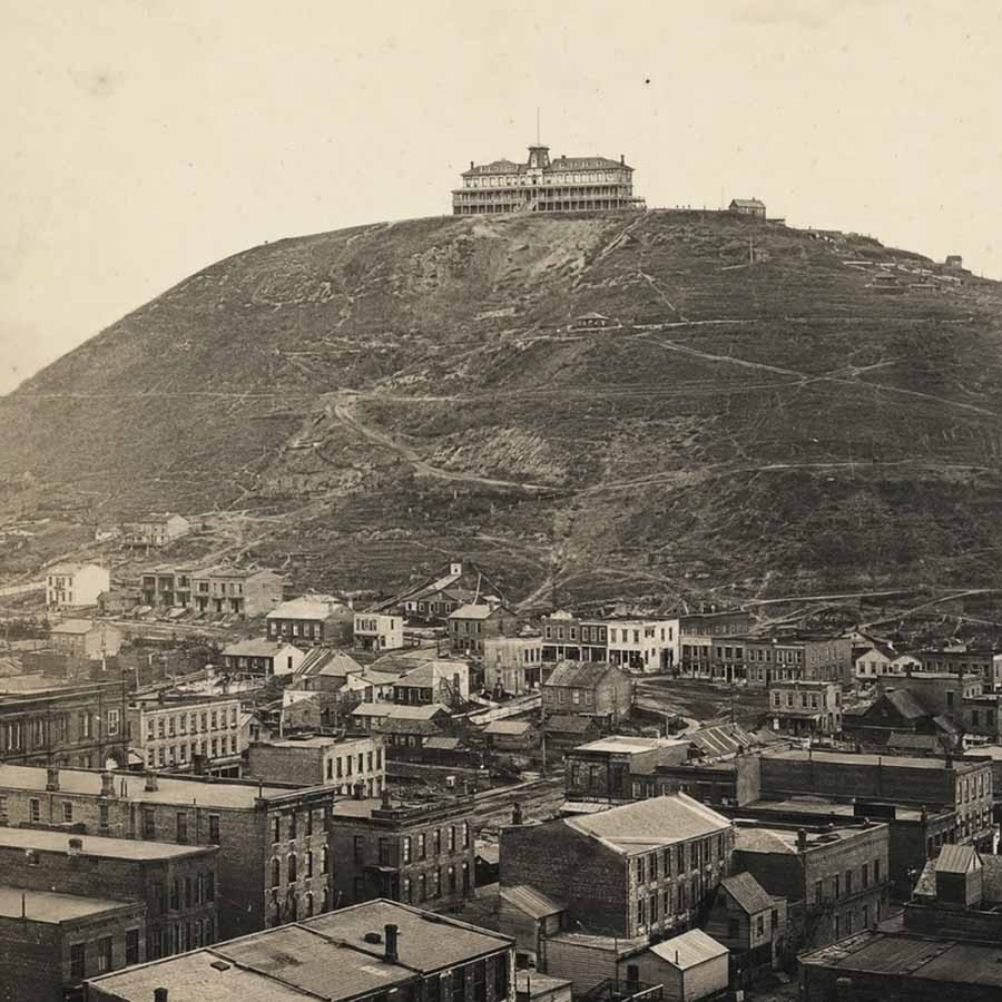 Seattle waterfront history. Denny Hill rising steeply above downtown Seattle before the regrade, blocking the natural path north toward Queen Anne.