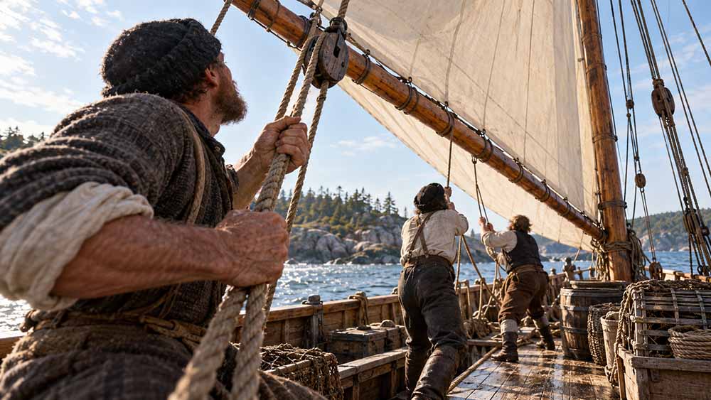 What is a schooner. Sailors on a wooden schooner's deck haul on lines to hoist a gaff-rigged sail along a rocky New England coast.