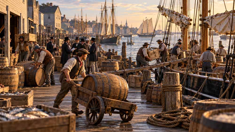 History of the schooner. Dockworkers unload barrels and crates of fish on a busy New England wharf as schooners sail in the harbor beyond.