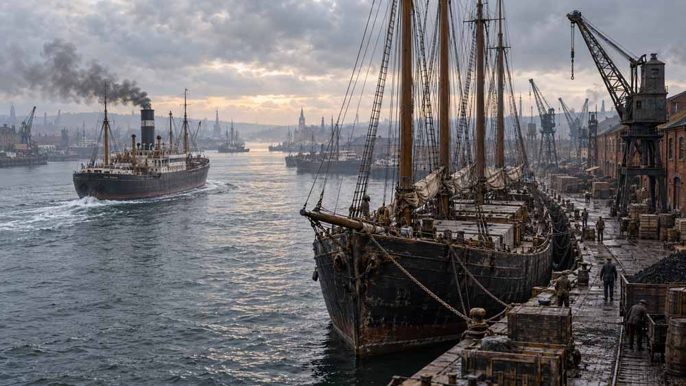 America's classic sailing ship. A weathered multi-masted schooner sits at an industrial wharf as a smoking steamship passes through the harbor.